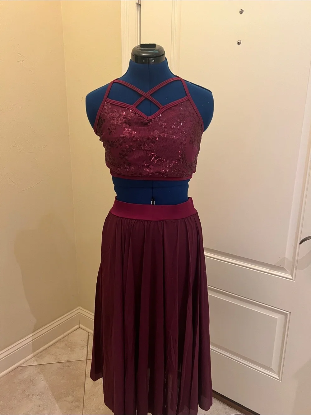 Women's Burgundy Two-Piece Sequin Dance Dress